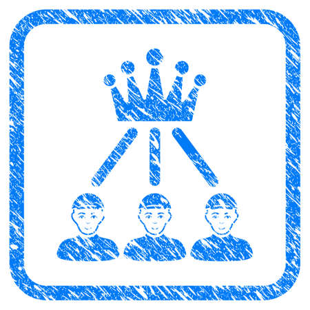 Hierarchy Men rubber seal imitation. Icon vector symbol with grunge design and dust texture inside rounded square frame. Scratched blue sign. Man face has joy emotions.のイラスト素材