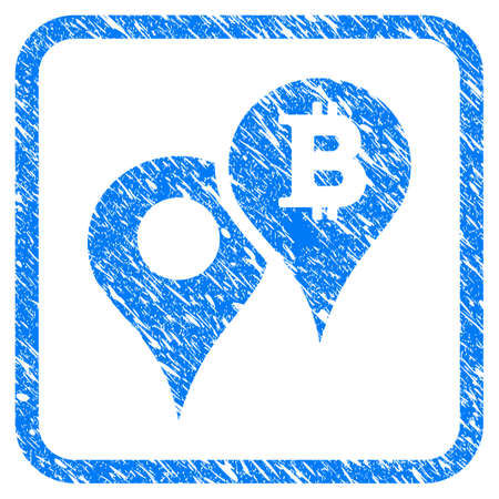 Bitcoin Map Markers rubber seal stamp imitation. Icon vector symbol with grunge design and dust texture in rounded squared frame. Scratched blue sticker on a white background.のイラスト素材