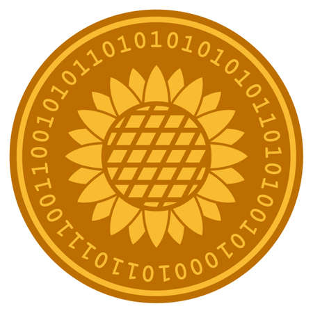 Sunflower Flower golden digital coin icon. Vector style is a gold yellow flat coin cryptocurrency symbol.のイラスト素材