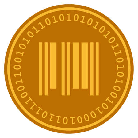 Barcode golden digital coin icon. Vector style is a gold yellow flat coin cryptocurrency symbol.のイラスト素材