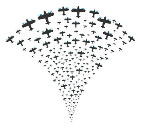 Aircraft exploding fountain. Vector illustration style is flat iconic symbols. Object fountain made from random icons as aircraft fireworks.のイラスト素材