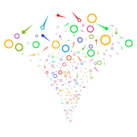 Multicolored Confetti Stars fireworks fountain. Object fountain combined from random confetti stars symbols as fireworks. Vector illustration style is flat iconic symbols with psychedelic colors.のイラスト素材