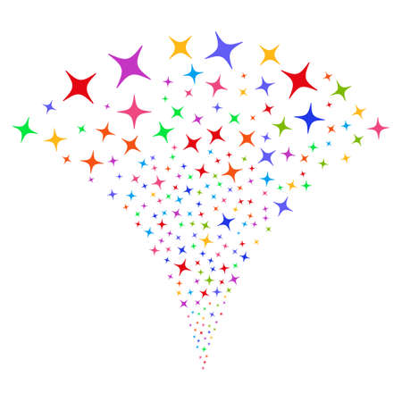 Multi Colored Space Star fireworks fountain. Object fountain constructed from random space star design elements as fireworks. Vector illustration style is flat iconic symbols with psychedelic colors.のイラスト素材