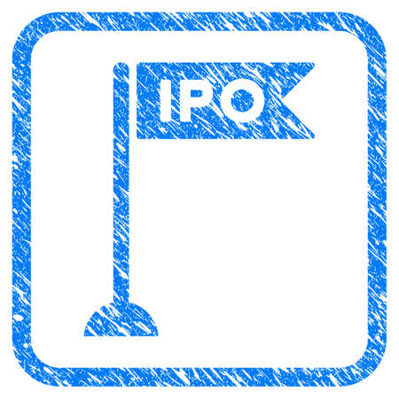 IPO Flag Marker rubber seal stamp imitation. Icon vector symbol with grunge design and unclean texture in rounded frame. Scratched blue emblem on a white background.のイラスト素材