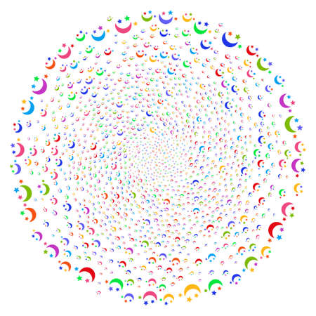 Psychedelic Moon Stars spiral bang. Suggestive twirl combined by scatter moon stars items. Vector illustration style is flat iconic symbols.のイラスト素材