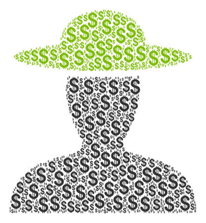 Farmer Person composition of dollar symbols. Vector dollar currency icons are united into farmer person collage.のイラスト素材