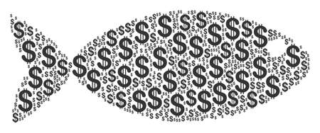 Fish collage of american dollars. Vector dollar currency symbols are organized into fish illustration.のイラスト素材