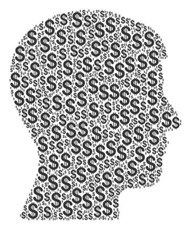 Man Head Profile mosaic of dollars. Vector dollar currency pictograms are combined into man head profile collage.のイラスト素材