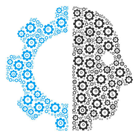 Cyborg Head collage of cogwheels. Vector gear wheel pictograms are united into cyborg head composition.のイラスト素材