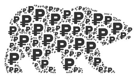 Bear collage combined of rouble pictograms. Vector rouble icons are combined into mosaic bear collage.のイラスト素材