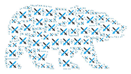 Bear collage combined of crossing swords pictograms. Vector crossing swords items are composed into geometric bear illustration.のイラスト素材