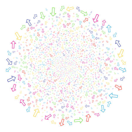 Psychedelic Arrow festive cluster. Vector spheric cluster explosion created from scatter arrow objects. Psychedelic Vector illustration.のイラスト素材
