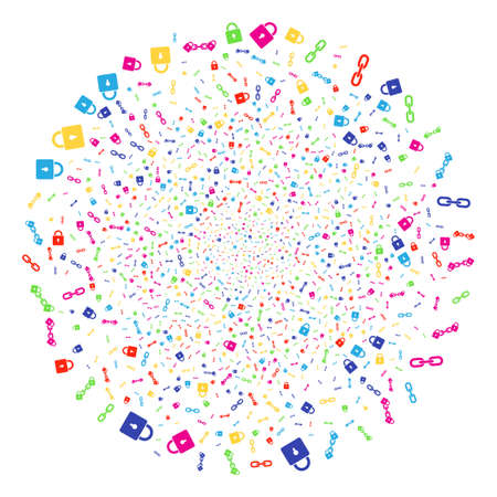Bright Blockchain festival cluster. Vector cluster burst organized from scatter blockchain symbols. Bright Vector illustration.のイラスト素材
