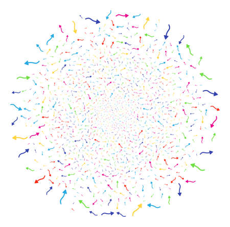Psychedelic Curve Arrow decoration spheric cluster. Vector cluster explosion organized from random curve arrow items. Multicolored Vector illustration.のイラスト素材