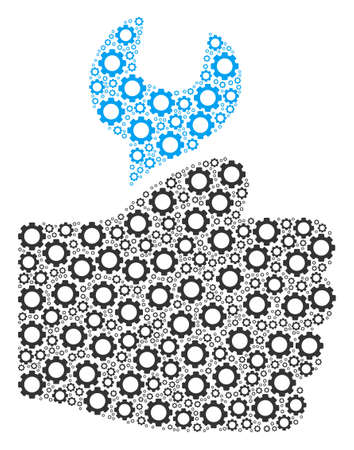Service Hand collage of gear elements. Vector cog wheel items are grouped into service hand pattern.のイラスト素材