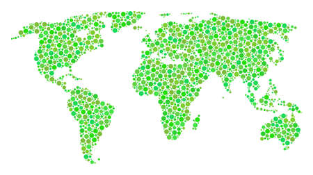 World Map composition of round dots in variable sizes and fresh green shades. Small circles are...
