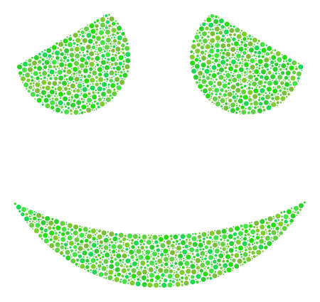 Embarassed Smile collage of circle dots in different sizes and ecological green shades. Dots are united into embarassed smile vector illustration. Ecology vector design concept.のイラスト素材
