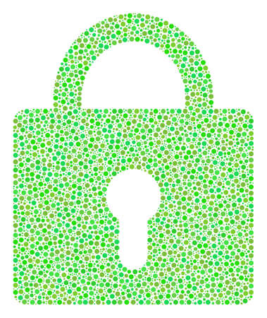 Lock composition of circle dots in variable sizes and ecological green shades. Dots are combined into lock vector mosaic. Organic vector design concept.のイラスト素材