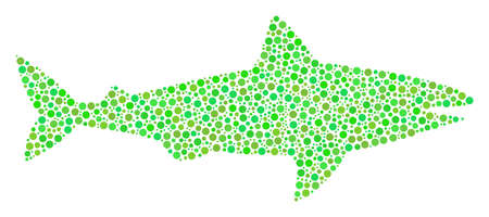 Shark collage of dots in various sizes and fresh green shades. Small circles are composed into shark vector collage. Ecological vector illustration.のイラスト素材
