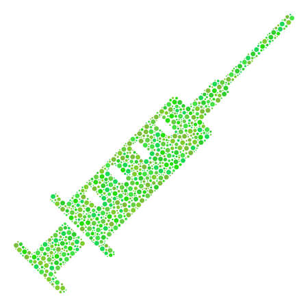 Syringe collage of small circles in various sizes and ecological green color tints. Round dots are composed into syringe vector mosaic. Organic vector design concept.のイラスト素材