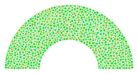 Rainbow collage of dots in variable sizes and ecological green color tinges. Small circles are united into rainbow vector composition. Eco vector illustration.のイラスト素材