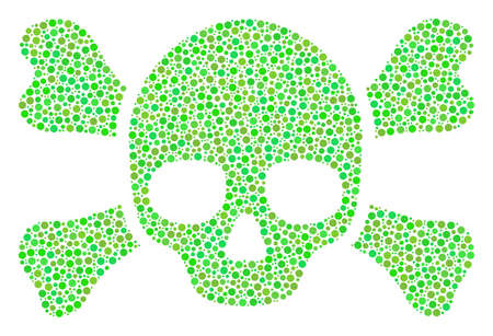 Skull Crossbones mosaic of circle dots in different sizes and fresh green color tinges. Circle dots are combined into skull crossbones vector composition. Ecology vector illustration.のイラスト素材