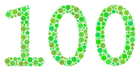 100 Text composition of circle elements in variable sizes and eco green color tones. Vector round elements are grouped into 100 text collage. Fresh design concept.のイラスト素材