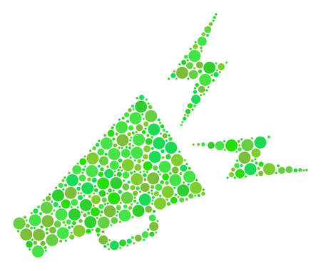 Alert Megaphone collage of circle elements in various sizes and eco green color tints. Vector dots are united into alert megaphone composition. Fresh vector illustration.のイラスト素材