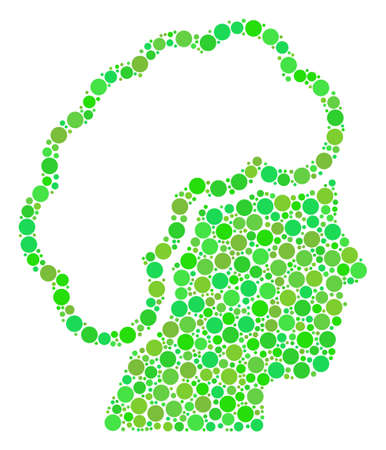 Blonde Profile mosaic of filled circles in various sizes and fresh green color tinges. Vector round dots are composed into blonde profile illustration. Eco vector illustration.のイラスト素材