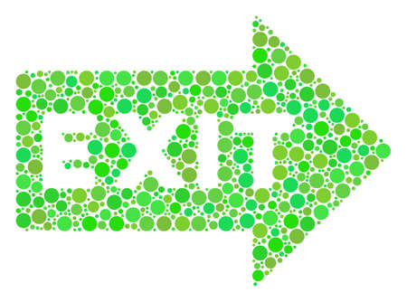 Exit Arrow mosaic of filled circles in various sizes and eco green color hues. Vector dots are organized into exit arrow illustration. Ecology design concept.のイラスト素材