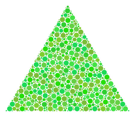 Filled Triangle mosaic of circle elements in variable sizes and eco green color tones. Vector round dots are combined into filled triangle illustration. Organic vector illustration.のイラスト素材