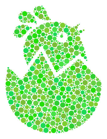 Hatch Chick collage of filled circles in variable sizes and ecological green color tints. Vector dots are grouped into hatch chick composition. Eco design concept.のイラスト素材