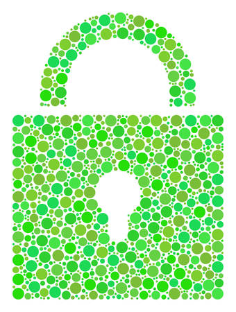 Lock mosaic of dots in variable sizes and green color tints. Vector circle elements are organized into lock composition. Freshness design concept.のイラスト素材
