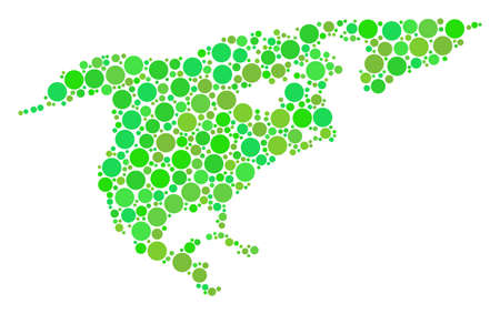 North America Map mosaic of dots in different sizes and ecological green color hues. Vector round dots are composed into north america map collage. Freshness vector illustration.のイラスト素材