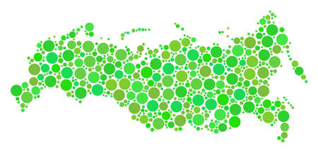 Russia Map collage of circle elements in various sizes and ecological green color tinges. Vector round dots are composed into russia map mosaic. Ecology design concept.のイラスト素材
