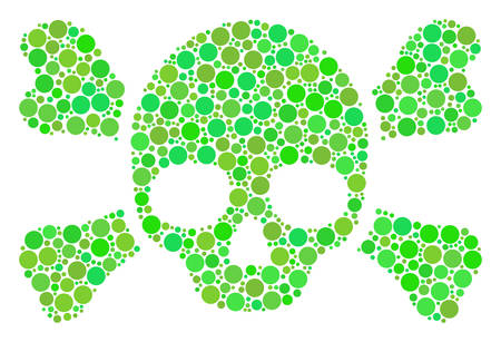 Skull Crossbones collage of dots in variable sizes and fresh green color hues. Vector filled circles are united into skull crossbones collage. Ecological vector illustration.のイラスト素材