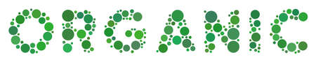 Organic Text mosaic of round dots in variable sizes and color tints. Circle dots are combined into organic text vector illustration. Vector design concept.のイラスト素材