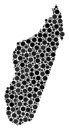 Madagascar Island Map mosaic of circle dots in various sizes and color tinges. Round dots are grouped into madagascar island map vector illustration. Vector illustration.のイラスト素材