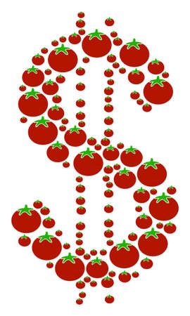 Dollar composition of tomato in different sizes. Vector tomato elements are grouped into dollar collage. Vegan vector design concept.のイラスト素材