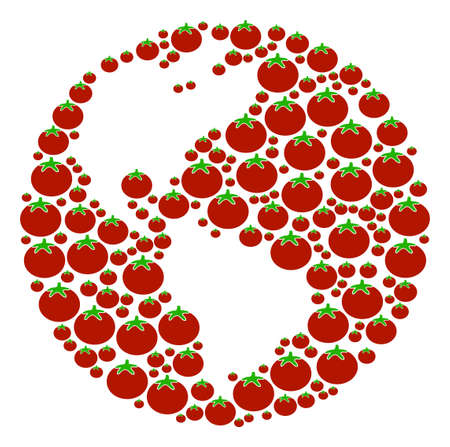 Earth mosaic of tomato vegetables in variable sizes. Vector tomato elements are composed into earth shape. Healthy vector design concept.のイラスト素材