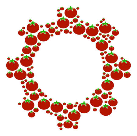 Gear composition of tomato in different sizes. Vector tomatoes symbols are organized into gear shape. Vegan vector design concept.のイラスト素材