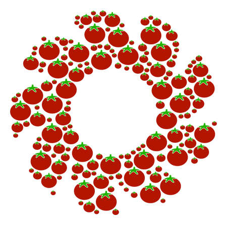 Turbine mosaic of tomato in various sizes. Vector tomato vegetable objects are grouped into turbine collage. Tomatoes vector illustration.のイラスト素材