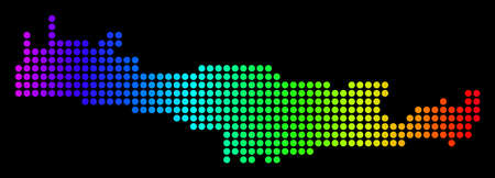 Dotted pixel Crete Island Map. Vector geographic map in bright spectrum colors on a black background. Colored vector collage of Crete Island Map composed of small circles.のイラスト素材