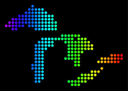 Dotted pixel Great Lakes Map. Vector geographic map in bright spectrum colors on a black background. Colored vector concept of Great Lakes Map organized of circle elements.のイラスト素材