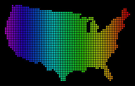 Dotted pixel USA Map. Vector geographic map in bright spectrum colors on a black background. Color vector concept of USA Map combined of circle elements.のイラスト素材