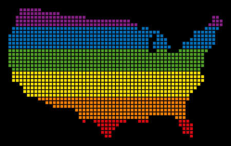 A pixel LGBT pride USA Map for lesbians, gays, bisexuals, and transgenders. Vector homosexual tolerance geographic map in LGBT flag colors on a white background.のイラスト素材