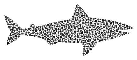 Shark mosaic of small circles in variable sizes and color tinges. Round dots are composed into shark vector collage. Dotted vector illustration.のイラスト素材