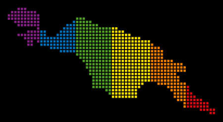 Spectrum vector abstract composition of New Guinea Island Map combined of rounded square pixels. Vector homosexual tolerance geographic map in LGBT flag color hues on a black background.のイラスト素材