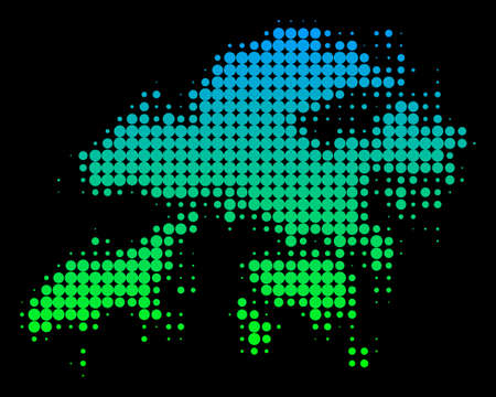 Halftone circle spot Hong Kong Map. Vector geographic map in green-blue gradient colors on a black background. Vector collage of Hong Kong Map done of small circles.のイラスト素材