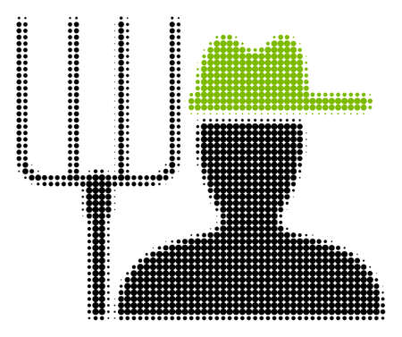 Farmer With Pitchfork halftone vector icon. Illustration style is dotted iconic Farmer With Pitchfork icon symbol on a white background. Halftone texture is round pixel.のイラスト素材